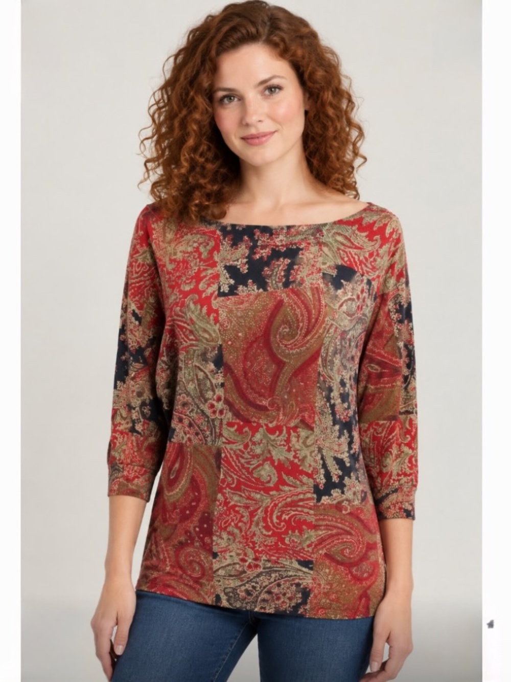Ralph Lauren Chaps Sweater Top M Paisley Cotton Knit Boat Neck 3/4 Sleeve